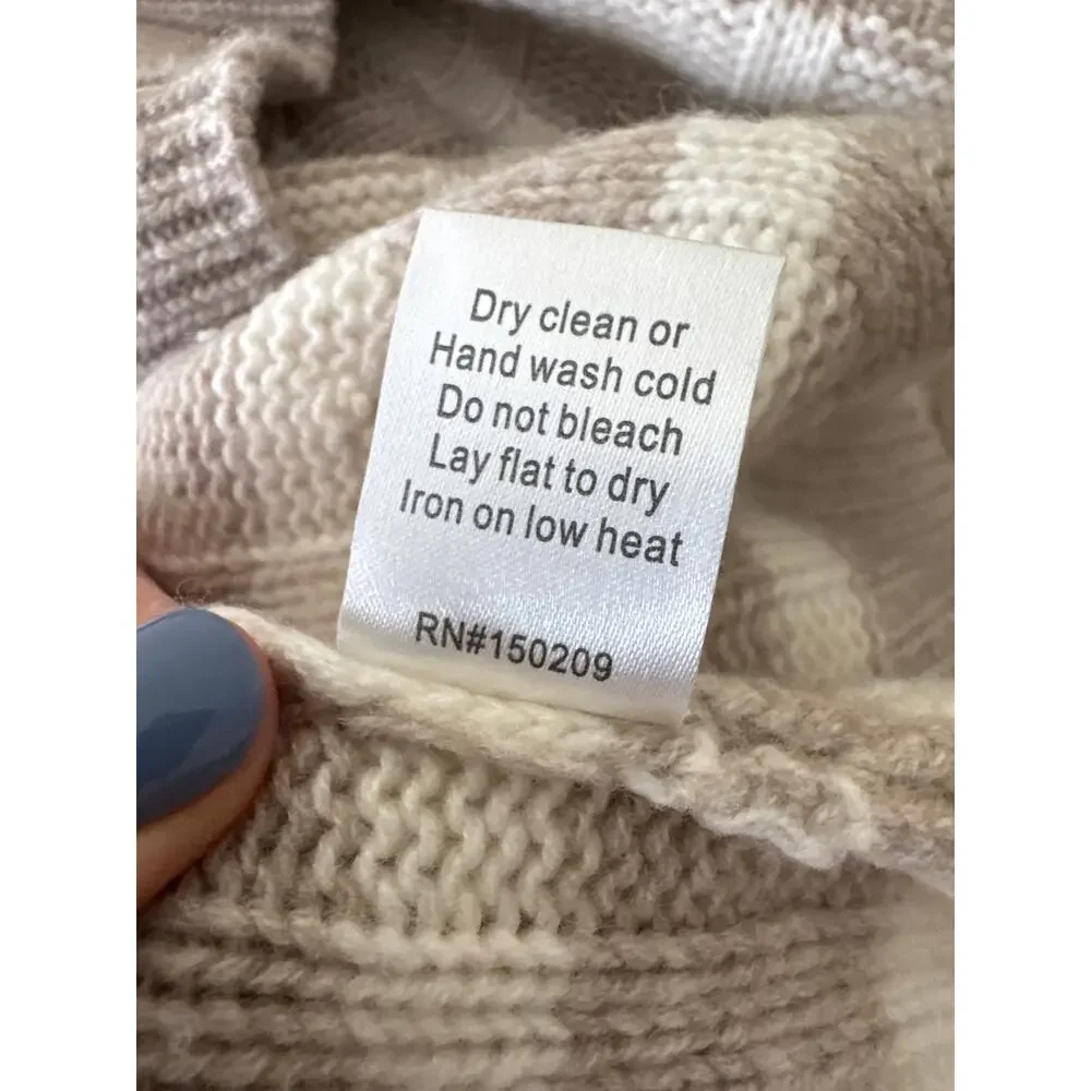 LA LIGNE Wool Cashmere Striped Cable Knit Crewneck Sweater Tan Cream Size Medium